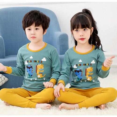 Unisex Sleepwear Soft Cotton Pajamas 2piece/set Boys Girls Long Sleeve Nightwear Children Leisure Home Clothing Pyjamas 2-14Y