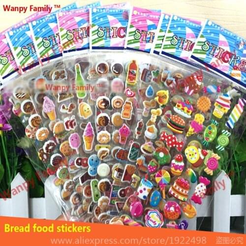 10 sheets/set Cute Bread food Stickers for Kids rooms decor stickers Birthday Gift toys stickers.3d Cartoon food drink stickers