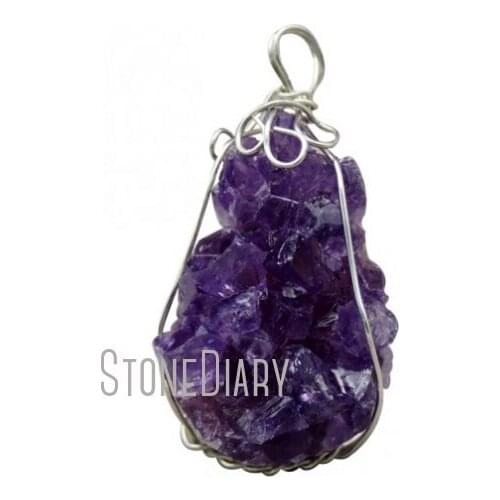 H-AMD28 10pcs Wire Wrapped Quartz Raw Amethysts Druzy Cluster Pendant 40-55mm Long