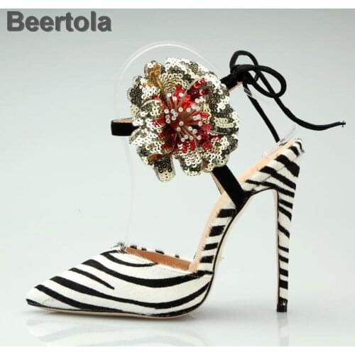 Gladiator Heels Sandals Women Zebra Flower Summer Shoes Woman Horse Hair Party Dress Shoes Back Strap Lace Up Sweet Ladies Shoes