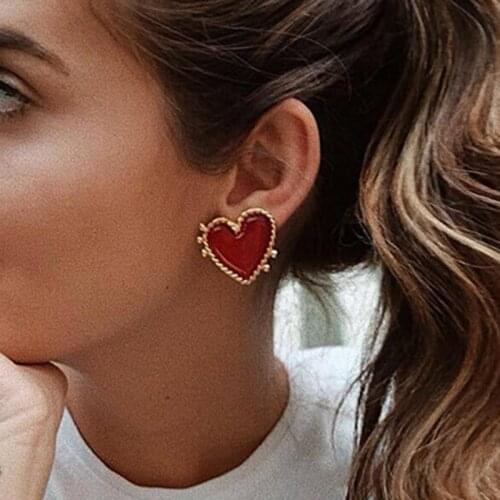 Tocona Korea Design Gold Red Heart Stud Earrings for Women Fashion Big Earring Sweety Lovely Winter Christmas Jewelry Gift 8182
