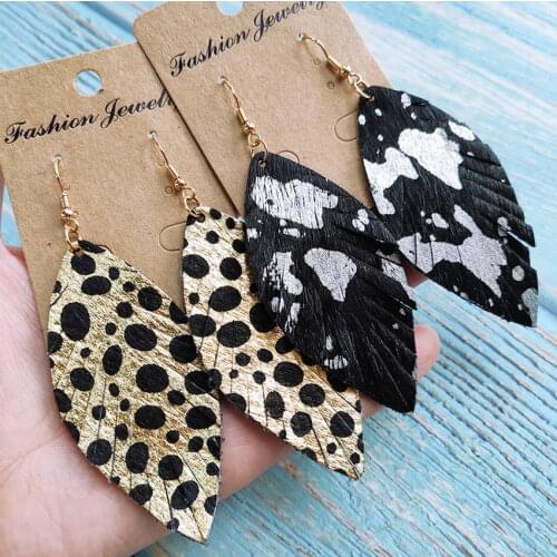 Genuine Leather Leaf Leopard Earrings Gold Color Speckle Feather Dangle Earrings Long North American Fashion Vagrant Jewelry