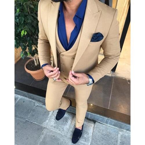 Custom Made Groomsmen Khaki Groom Tuxedos Peak Lapel Men Suits Wedding Best Man 3 Pieces ( Jacket+Pants+Vest+Tie ) C876