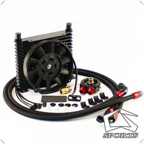 Universal 15 Row AN8 Oil Cooler 32mm Filter Adapter Hose Kit +7" Electric Fan