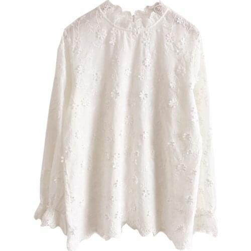 PERHAPS U Women White Stand Neck Shirt Lace Floral Embroidery Solid Long Sleeve Shirt Spring Blouse B0550