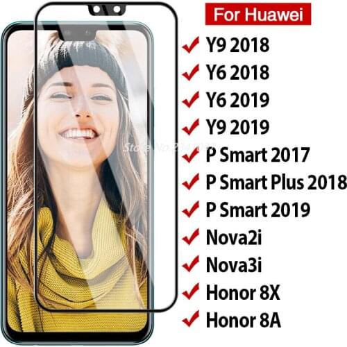 2pcs 9D Full Cover Protective Glass For Huawei Y6 Y9 P Smart 2019 Glass For P Smart Plus Nova 4 3i Honor 8X 8A 9X Tempered Glass