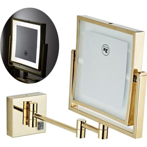 Dressing Mirror 8 inch two side 3X /1X Wall Mounted Gold Square LED Mirror Folding Brass Makeup Mirror Cosmetic Mirror Lady Gift