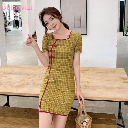 Summer Yellow Grid Slim Sexy Party Casual Qipao Traditional Chinese Clothes Vintage Modern Improved Cheongsam Dress for Women