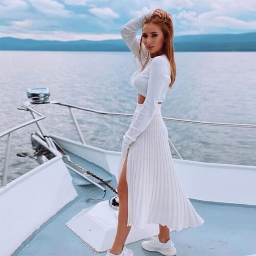 Womens Two-piece Winter Skirt Button Clothing Combination Suit Cardigan Open-slit Sweater Pleated Skirt Suit Women