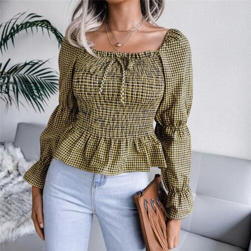 Womens Blouses Shrinkage Ruffles Plaid Print Shirts Slash Neck Flare Sleeve Blouse Woman Clothing 2021 Casual Blusas Femme Tops
