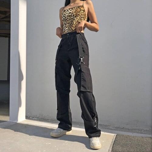 Gothic Harajuku Black Cargo Pants Women Metal Wide Leg Goth Hippie Streetwear Trousers Loose Female Baggy Fashion