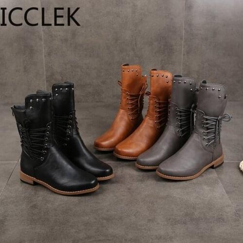 Womens Casual 2020 Boots Fashion Shoes Women Boot Flats Bottom Female Ankle Footwear Female Plus Size Outdoor Lace-Up