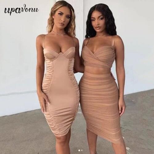 Free Shipping 2021 Summer Women Draped Skirt Set Sexy Sling V-neck Sleeveless Short Top & High Waist Pencil Skirt Two-piece Set