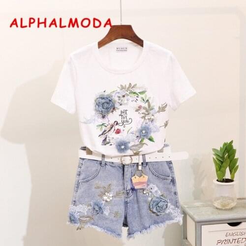 ALPHALMODA 2019 Summer Womens Floral Tshirt + Shorts 2pcs Fashion Suit Heavy-work Embroidery Ensemble Femme 2 Pieces Pantalon