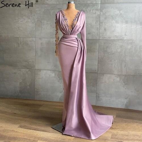 Serene Hill Pinkish Purple Luxury Beaded Satin Mermaid Evening Gown 2021 Sexy V-Neck For Women Formal Party Dress CLA71088
