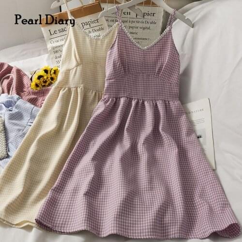 Pearl Diary Women Camis Dress Summer Plaid Spaghetti Strap A Line Dress Back Smocked Slim Fit Sweet Casual Pom Pom Trim Dress