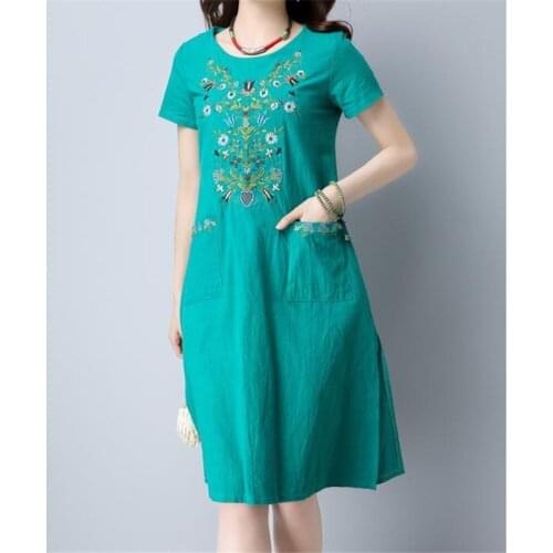 Summer Loose Print Dress Women Casual Cotton Linen Round Neck Short Sleeve elegant lady dress plus size pink green