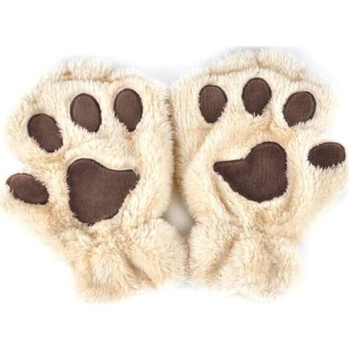 Winter Women Cute Cat Paw Claw Plush Mittens Short Fingerless Finger Half Gloves