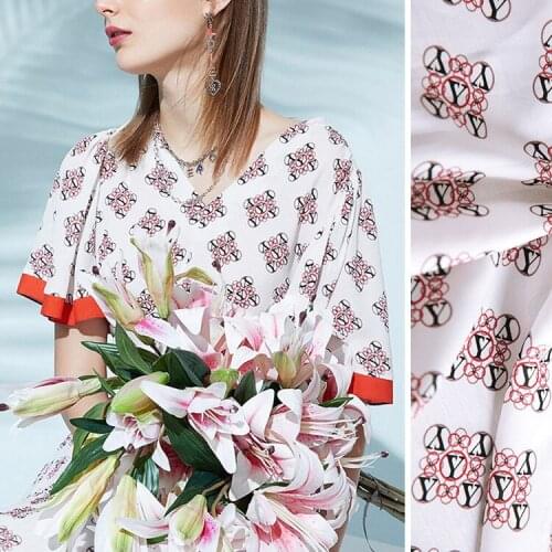 1 Meter White Background Letter Printed 100% Mulberry Silk Clothing Fabric Dress Material