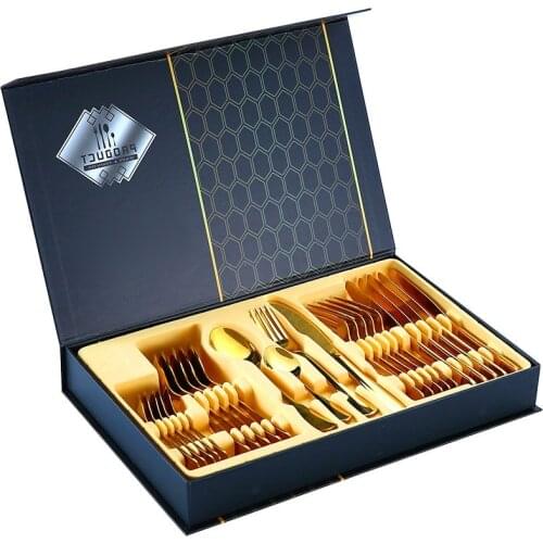 1010 Series Tableware Fork Spoon Titanium Plated Gold Knife Fork Spoon Set Gift Box Knife Fork 24Piece Drop Sale OEM