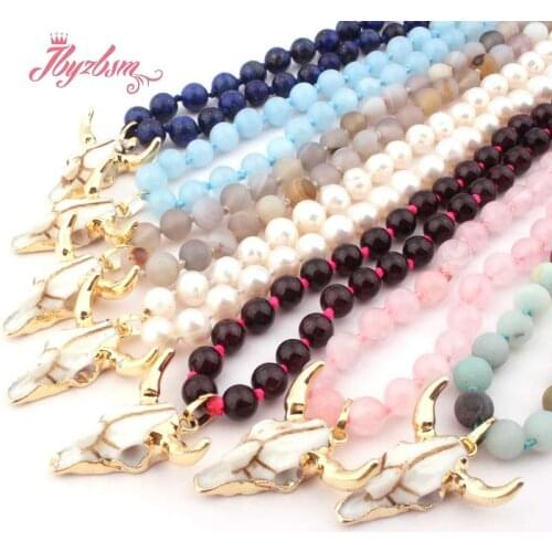 6mm Round Garnet Lapis Amazonite Natural Stone Beads Bohemian Tribal Horn Pendant Jewelry Necklace For Woman 25" Free shipping