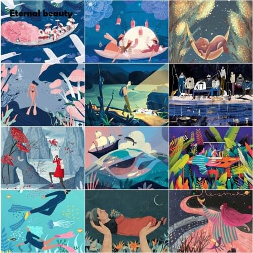 Diamond Painting Illustration Art People Boating and Fishing Full Square Diamond Embroidery Handmade Gift Diamond Mosaic Picture