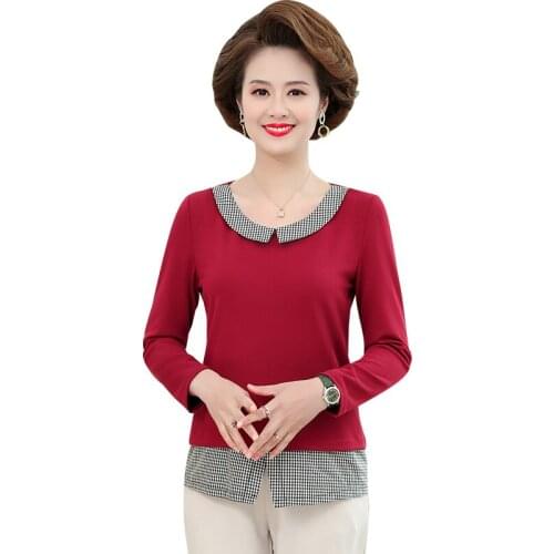 Fake Two Pieces Plaid Patchwork Women T-shirt Tops Long Sleeve Casual Pullovers Fall Spring Female Clothing 5XL Plus Size Tee