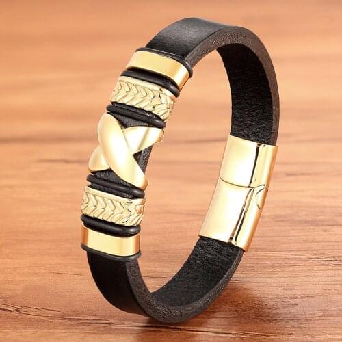 Classic Small Accessories Combination Mens Stainless Steel Leather Bracelet "X" Pattern Special Design Party Birthday Gift