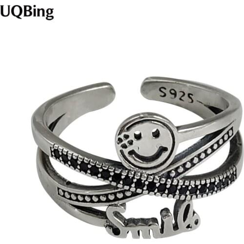 100% 925 Sterling Silver Double Cross Smiley Retro Rings Jewelry