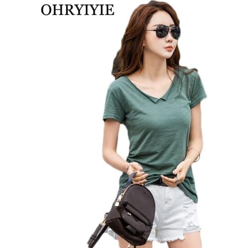 OHRYIYIE Korean V-neck Short Sleeve Women T-shirt 2020 Spring Summer Casual Cotton T Shirt Lady Slim Solid Color Tees Femme Tops