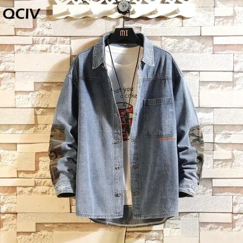 New Mens Shirt Hip Hop Ripped Jean Shirts Man Long Sleeve Casual Denim shirt Embroidered Patchwork Camo shirt