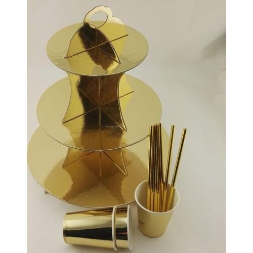 Disposable Drinking Paper Straws Cups Tableware Metallic Gold Metallic Silver Display Birthday Party Cake Decor Cupcake Stand