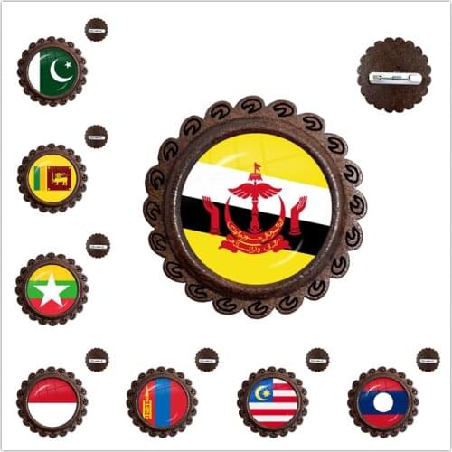 Pakistan,Brunei,Sri Lanka,Myanmar,Indonesia,Mongolia National Flag Wood Glass Cabochon Punk Brooches Pins Bag Accessories Gift