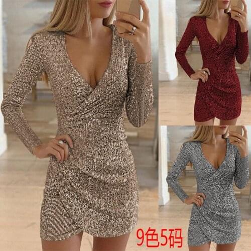 New European and American autumn dress sexy v-neck bag hip irregular short skirt sequin dress dress female