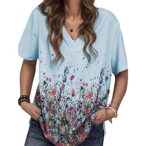 Plus Size T-shirt Women Fashion Casual V Neck Top Floral Print Short Sleeve Loose Tee Summer T Shirt 2021