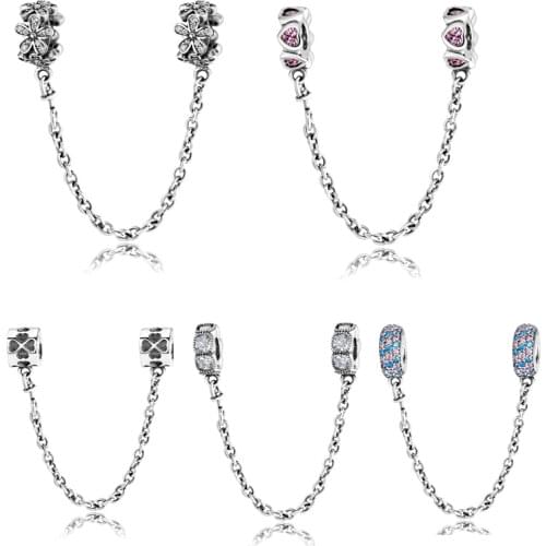 Real 925 Sterling Silver Charms Bead Heart Flower Round Shape Safety Chain Charms Fit Original Charm Bracelet Jewelry Making