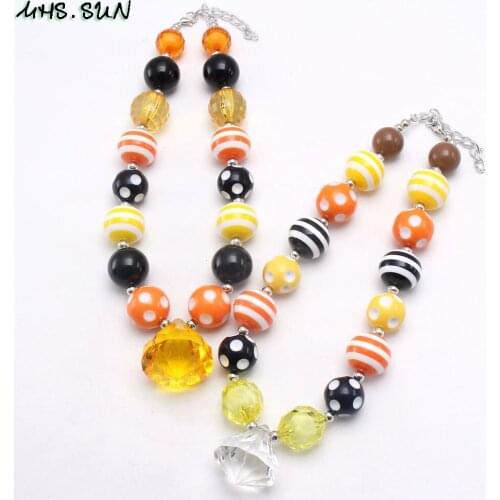 MHS.SUN Black/Orange/Yellow Beads Necklace Kids Girl Water Drop Pendant Chunky Beads Necklace For Child Toddler Halloween Gifts