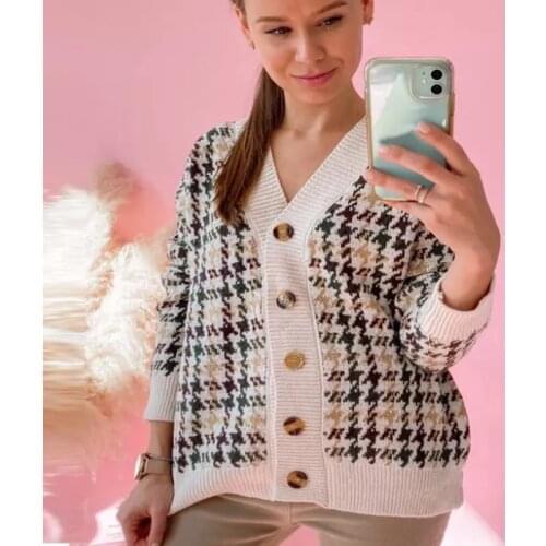 Sweater autumn plaid knitted jacket Korean cardigan new womens long section loose lazy