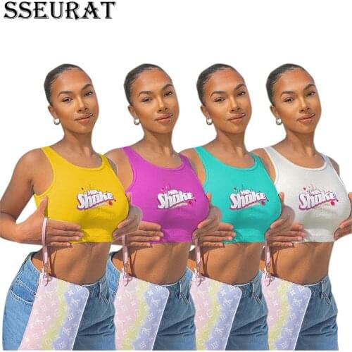 SSEURAT Women Tops Fashion Letters Print Sleeveless Crop Top Summer Casual Vest Top