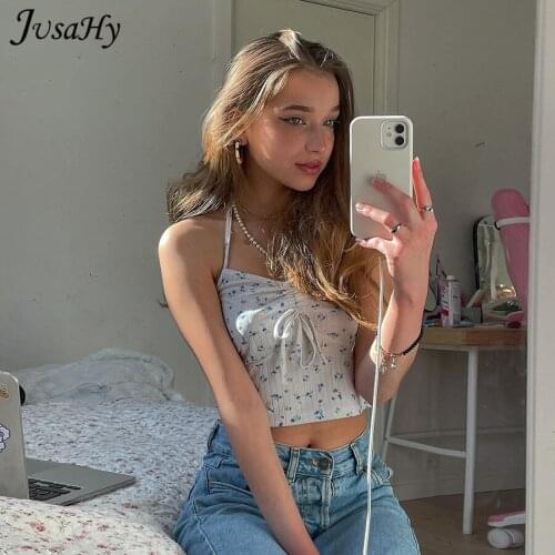 JusaHy Fairy Slim Crop Top for Women Floral Printing Sleeveless Drawstring Halter Street Casual Lady Sexy Knitting Tank Top New