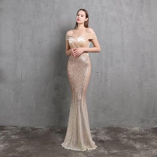 Partysix 2021 New Off Shoulder Elegant See Through Velour Evening Dress Sequin Evening Party Dress