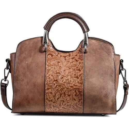 Women Vintage Flower Handbag High Quality Real Genuine Leather Shoulder Bag Female Party Briefcase Lady Messenger Bag