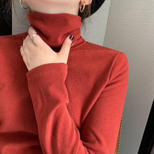 Womens Autumn And Winter Bottoming Shirt Plush Top With Solid Color High Collar Base T-Shirt