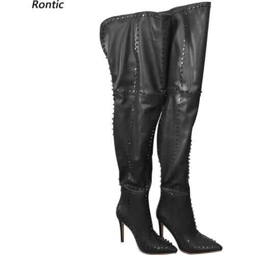 Rontic Handmade Women Winter Thigh Boots Sexy Rivets Stiletto Heels Pointed Toe Gorgeous Black Purple Club Shoes US Size 5-15