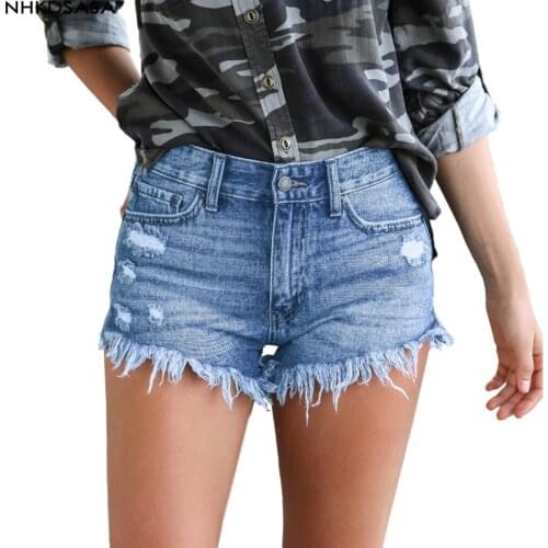 Womens Casual Denim Shorts Frayed Raw Hem Ripped Jeans Shorts Harajuku Bermuda Plus Size 2021 New Summer Cotton Jean Shorts