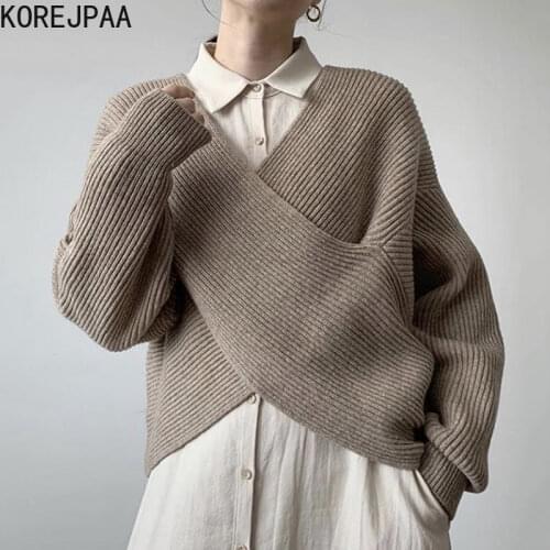 Korejpaa Women Sweater 2021 Autumn Korea Chic Simple V-Neck Crossover Design Sense Versatile Loose Casual Solid Color Pullover