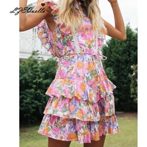 LZEQuella Women O Neck High Waist Floral Print Ruffles Cake Dress Summer Holiday Beach Boho Pleated Backless Dresses NZ3616
