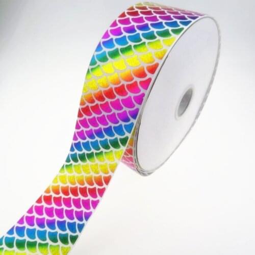 100Y DHL Free shipping Cheap 3'' Silver Laser Rainbow Grosgrain Ribbon Hologram holographic fish Mermaid scales