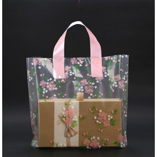 50pcs/lot 20*30cm Clear Plastic Shopping Carrier Bags with Handle Gift Boutique Packaging Floral Rose Printed Large Cute
