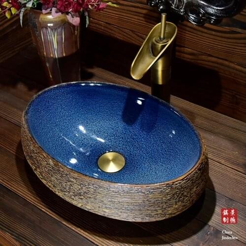 Big Oval Woody Stripe Blue Glazed Retro New Chinese Fashion Art Basin